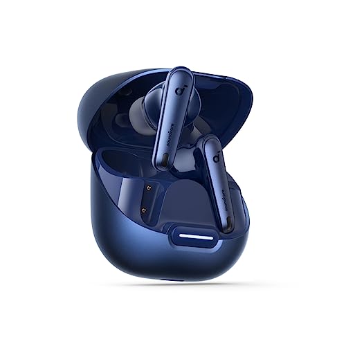 Blue in-ear wireless headphones from soundcore featuring active noise cancellation, IPX4 waterproof rating, and adaptive ANC 2.0 technology for personalized sound experience.