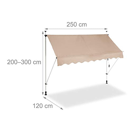 Relaxdays - Retractable Drop Arm Awning, No Drilling, Height Adjustable, Beige, 250 x 120 cm