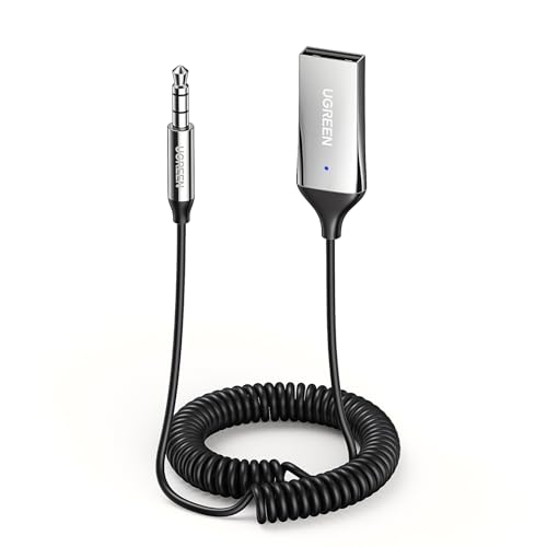 UGREEN Aux to Bluetooth 5.3 Adapter featuring a 3.5mm Bluetooth receiver designed for car use with a USB 2.0 connection and 3.5mm jack kit, includes a built-in microphone for hands-free calls, compatible with car speakers and home audio systems.