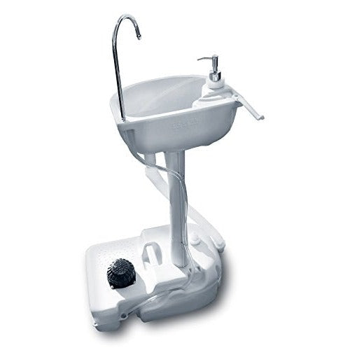 Portable outdoor white wash basin sink designed for camping and travel featuring a 19-liter water capacity, equipped with rolling wheels, a towel holder, and a soap dispenser suitable for various outdoor activities and events.