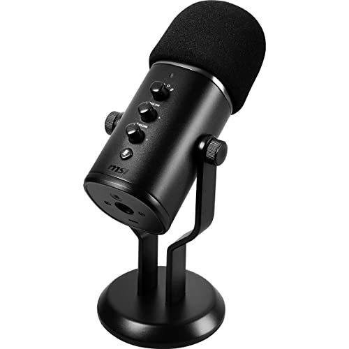 Image of the MSI IMMERSE GV60 Streaming Microphone, featuring a sleek matte-finished aluminum design, designed for gaming, streaming, and voice recording. The microphone supports stereo mode and has connectivity options including auxiliary and USB. It includes a built-in 3.5mm headphone jack for zero-latency playback and comes with a pop filter for clear recordings.