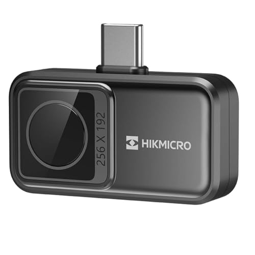 HIKMICRO Mini2 thermal imaging device with a black minimalist design, featuring a 256 x 192 resolution, 3.5 mm fixed focal length lens, and USB Type-C interface for Android devices. Weighs only 20 grams and includes an extension cable, USB adapter, quick guide, and protective case.