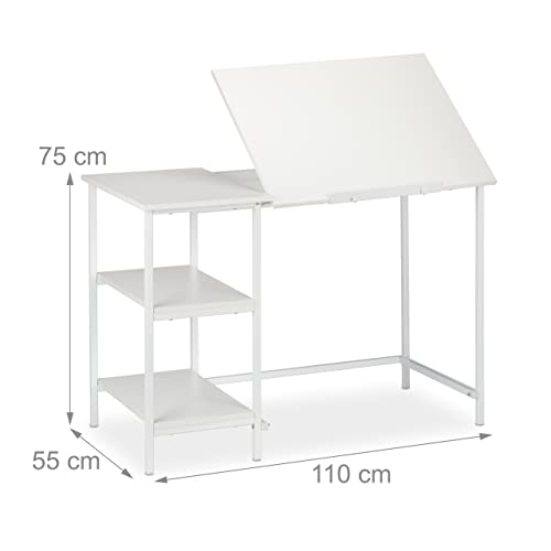 Relaxdays - Tilting Desk With 3 Shelves, Adjustable Angles, White