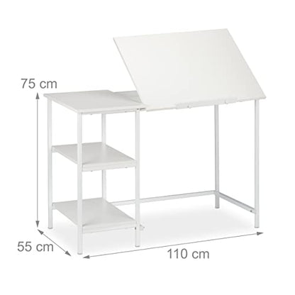 Relaxdays - Tilting Desk With 3 Shelves, Adjustable Angles, White