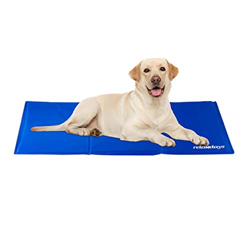 Blue dog cooling mat designed for self-cooling with a heavy-duty gel layer suitable for pets, measuring 60 by 100 centimeters, easy to wipe clean.