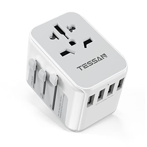 TESSAN plug adapter designed for worldwide use featuring four USB ports and one AC socket suitable for international travel from the UK to Europe, compatible with power outlets in the EU, USA, Australia, and Thailand.