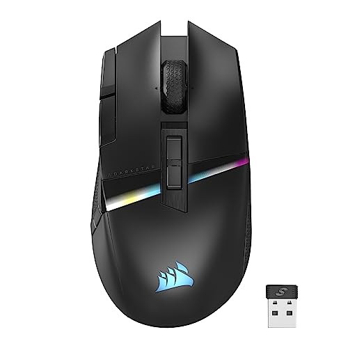 Black Corsair DARKSTAR WIRELESS gaming mouse with 15 fully programmable buttons, ergonomic design, LED lights, and rechargeable battery; features optical sensor with up to 26K DPI and wireless connectivity via Bluetooth or USB.