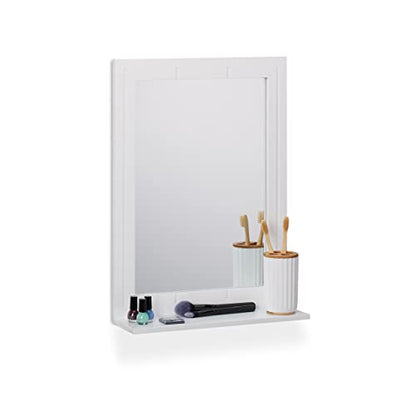 White bathroom mirror with shelf made of fibreboard and glass, measuring 55 by 40 by 12 centimeters.