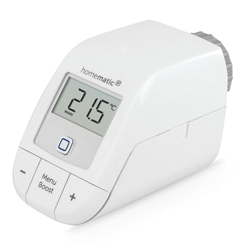 Homematic IP HmIP-eTRV-B Radiator Thermostat in white, featuring a rectangular shape and illuminated display, designed for energy-saving temperature control with stand-alone operation capabilities.