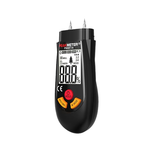 Handheld wood moisture meter PM6811A with 4 types of test paper for tree and wall testing, featuring minimum and maximum value measurement.