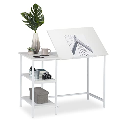 Desk with a tilting surface and three shelves in white, designed for computer use and work, measuring 75 cm in height, 110 cm in width, and 55 cm in depth, shown from multiple angles.