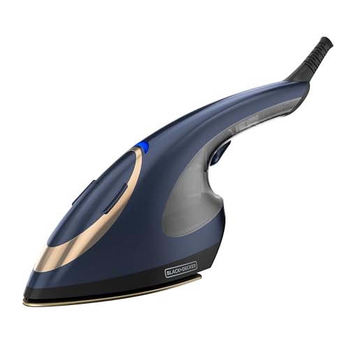 Image of the BLACK+DECKER Press & Steam 2-in-1 Iron and Steamer, featuring a blue navy, bronze, and black color scheme. The device showcases its modern design with a larger ceramic soleplate for effective wrinkle removal and includes attachments for upholstery and delicate fabrics.