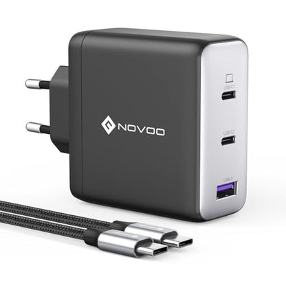 120 watt USB C charger with three ports featuring GaN III technology, includes one PD 100 watt Type C cable, designed for fast charging devices like MacBook Pro 14 inch, Dell XPS 13, iPad Pro, iPhone 15, Galaxy S23, and Note20.