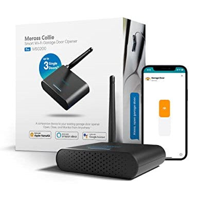 Smart Garage Door Opener Remote with external antenna for improved Wi-Fi signal reception, capable of controlling up to 3 garage doors simultaneously; compatible with Apple HomeKit, Siri, Amazon Alexa, and Google Assistant.