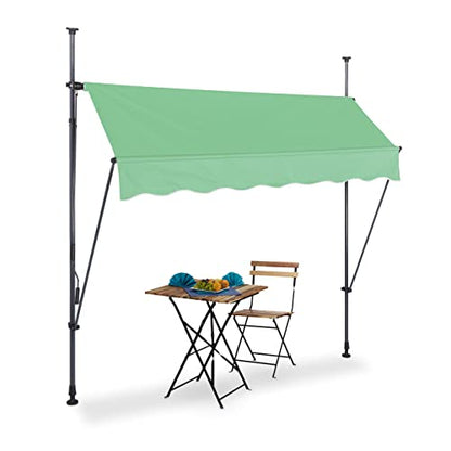 Height adjustable green and grey clamp awning measuring 200 by 120 centimeters designed for balcony sun protection without the need for drilling, featuring UV-resistant material.