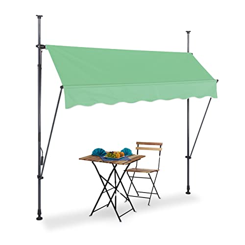 Height adjustable green and grey clamp awning measuring 200 by 120 centimeters designed for balcony sun protection without the need for drilling, featuring UV-resistant material.