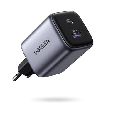 UGREEN Nexode 35W USB C Charger in black featuring two USB C ports and GaN II technology designed for fast charging compatible with iPhone 16 Pro Max, 16 Pro, 16, 15, 14, Galaxy S24 Ultra, S23, iPad, Tab A8, Pixel, and HomePod