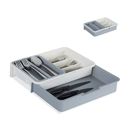 Extendable cutlery tray with seven compartments for organizing silverware and kitchen utensils in a white-grey color, measuring 6 cm in height, 23.5 cm in width, and 31.5 cm in depth, made of polypropylene.