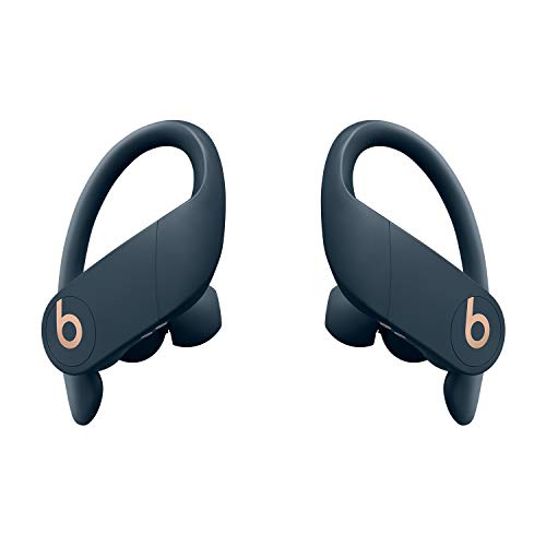 Powerbeats Pro in navy color, totally wireless in-ear headphones with sound isolation and Lightning headphone jack, including charging case, four sizes of ear inserts, Lightning to USB-A charging cable, and quick start guide.