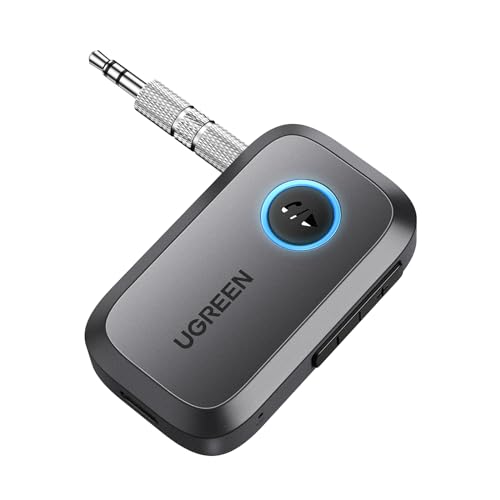 UGREEN 5.3 Aux Bluetooth Adapter for Car featuring a sleek design and compact size, designed for seamless wireless audio streaming from devices to car audio systems or home stereos, with a long-lasting 15-hour battery life for extended use.