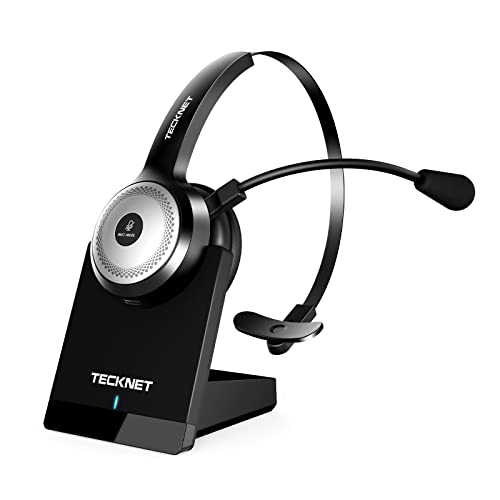 Bluetooth headset designed for PC use featuring a microphone, wireless connectivity, 40 hours of battery life, AI noise cancelling technology, and an on-ear design. Includes a charging base suitable for laptops and call centers.