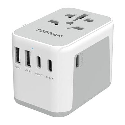 Universal travel adapter with multiple ports including 3 USB-C and 2 USB-A for international use, designed for compatibility with various plug types in Europe, UK, EU, and Australia.