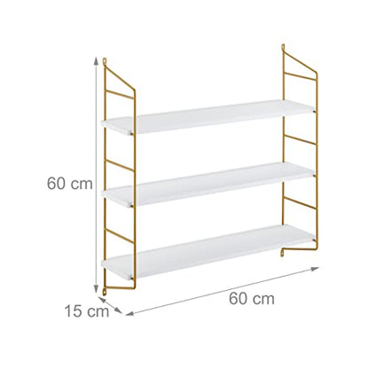 Relaxdays - Floating Wall Shelf With 3 Shelves, MDF & Iron, White/Gold