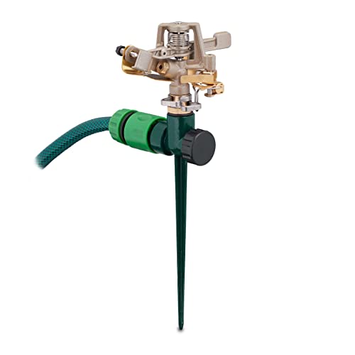 Dark green metal garden sprinkler designed for 360-degree watering with a range of 24 meters, ideal for lawn irrigation.