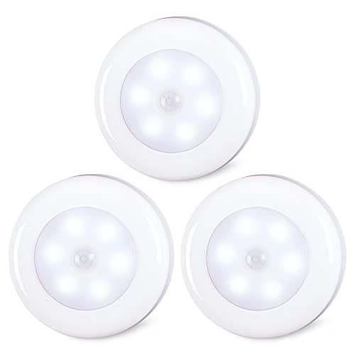 Three pack of 2.8 inch motion sensor lights designed for indoor use featuring a stick-on LED puck light suitable for stairs, under cabinets, and closets with a cool white illumination powered by AAA batteries.