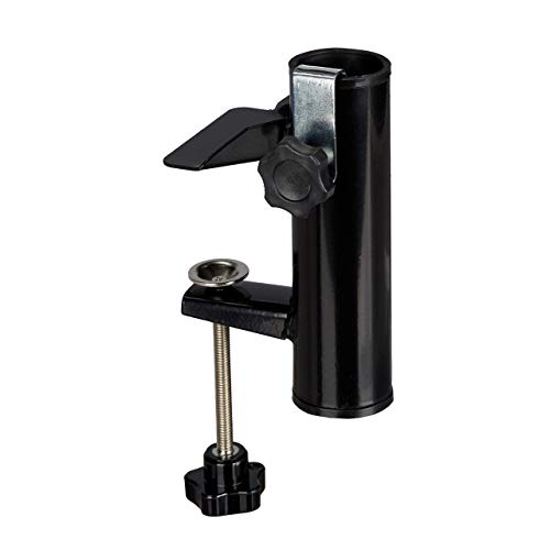 Black steel parasol holder designed for square balcony railings with an umbrella clamp suitable for pole diameters between 19 and 38 millimeters, measuring 15.5 centimeters in height.