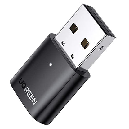 UGREEN USB Bluetooth dongle for PC featuring 5.0 technology, designed to be driver-free and compatible with Windows 11, 10, and 8.1, suitable for use with desktops and laptops, and works with Bluetooth mice, keyboards, headsets, and speakers.