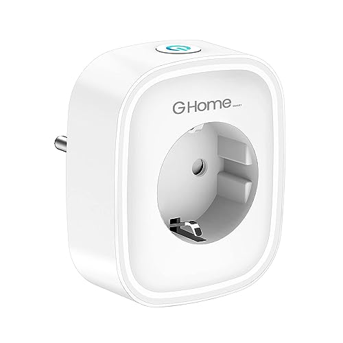 Smart WiFi socket in white with power monitoring features, programmable timer, and remote control via app, compatible with Alexa and Google Home, model SP1-1.