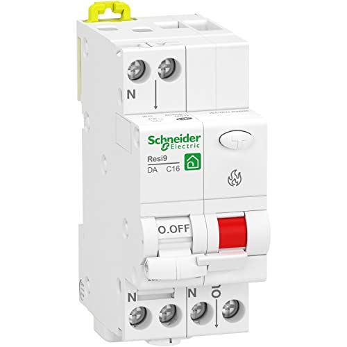 Schneider Electric Resi9 XP Arc Sensor Circuit Breaker, 1 pole and neutral, 25A, C Curve, paintable finish; dimensions 10.6 x 9.8 x 4.2 cm, weight 220 g; designed for electrical safety with features to prevent electrocution and protect against lightning surges and electrical fires.