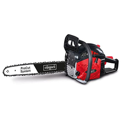 Image of the Scheppach CSH46 thermal chainsaw featuring a 46cm3 2-stroke engine, Procut 46cm guide and chain, automatic chain lubrication, integrated chain brake, and lightweight anti-vibration design.