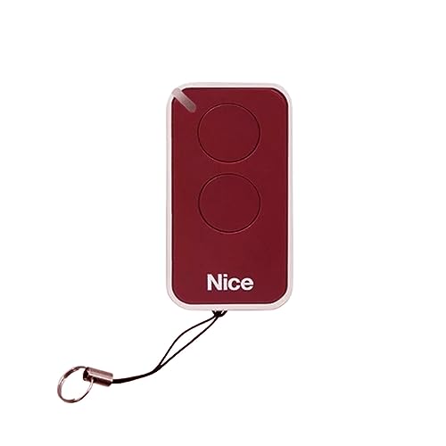 Red Inti2 remote transmitter with 433.92 MHz carrier frequency, dimensions of 1.2x2.2x0.3 inches, and a weight of 0.03 lbs; features built-in proximity receiver and 72-bit O-Code encoding for enhanced security and automation response time reduction.