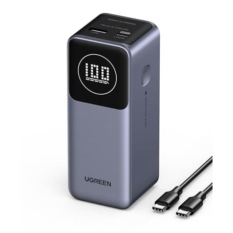 Portable UGREEN Nexode Power Bank with 12000mAh capacity and 100W fast charging capability featuring one USB C and one USB A port along with a smart digital display designed for charging devices like iPhone 8 to 16 series, Galaxy S25, iPad Pro, Dell, HP, ASUS laptops, and AirPods.