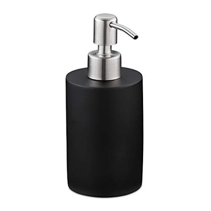 Black refillable soap dispenser made of polyresin with a stainless steel pump designed for liquids and lotion, measuring 16.5 x 7 x 8 cm, suitable for bathroom use with a capacity of 180 ml.