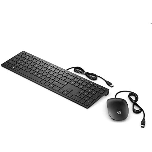 HP black three-zone keyboard with full-size arrow keys and number pad, featuring a wrist rest for comfort.