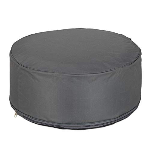 Dark grey inflatable stool for outdoor use, designed for camping and garden settings, measuring 26 cm in height and 56 cm in diameter.