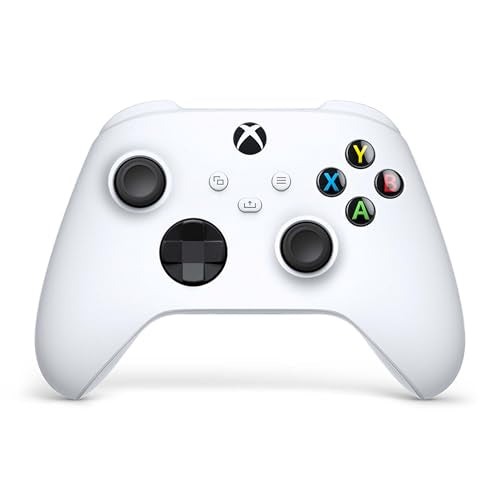 Alt-Text: Xbox Wireless Controller in Robot White mit modernisiertem Design, strukturierten Griffen und hybridem D-Pad für mehr Komfort beim Spielen; ausgestattet mit 3,5-mm-Stereo-Headsetbuchse, Bluetooth-Technologie und anpassbaren Tasten über die Xbox Zubehör-App.