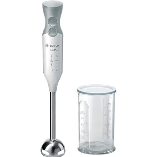 Bosch hand blender with ergonomic design, large buttons, and soft-touch housing; features a QuattroBlade stainless steel knife, dishwasher-safe parts, and a transparent shaker with scaling. Dimensions: 5.5D x 6.2W x 39.3H cm; capacity: 0.6 litres; wattage: 600 watts; weight: 990 g.