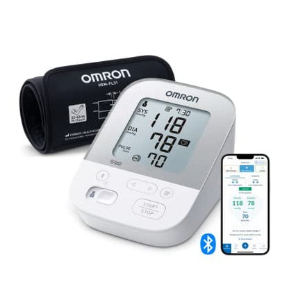 OMRON X4 Smart Upper Arm Blood Pressure Monitor with Bluetooth capabilities, includes pressure monitor, universal cuff (22-42 cm), storage case, 4 AA batteries, and instruction manual.