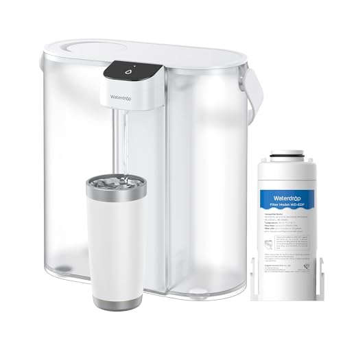 White water filter pitcher designed for compact use with a 200-gallon rechargeable capacity and instant powerful dispensing. It meets NSF/ANSI standards 42, 53, and 401 for reducing PFAS, lead, and chlorine. The pitcher holds 14 cups and comes with one filter, maintaining total dissolved solids levels.