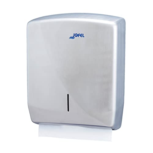 Satin stainless steel wall-mounted face towel dispenser by Jofel, featuring a durable ABS base and an elliptical central opening for easy access to towels.