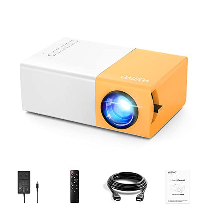 Portable mini projector designed for home entertainment, supporting Full HD 1080p resolution, compatible with various devices including smartphones, tablets, laptops, gaming consoles, and TV sticks, featuring HDMI and USB connectivity options.