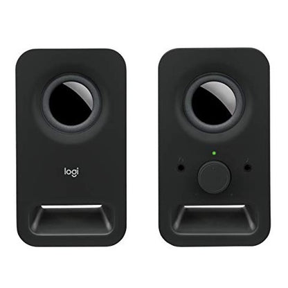 Logitech Z150 Stereo Speakers featuring a compact design, clear stereo sound with 6 watts peak power, dual 2-inch drivers, and convenient front panel controls including a headphone jack.