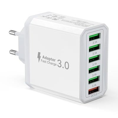 Tupneuf 6-Port USB Charger with QC 3.0 Quick Charge for iPhone, iPad, Mobile Phones - Multi-port charger for fast charging multiple devices at once.