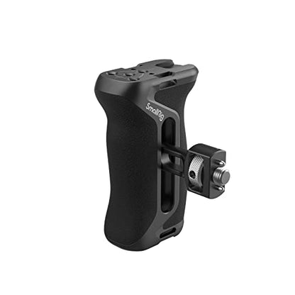 Side view of the SmallRig Locating Side Handle designed for ARRI camera cages featuring a 36mm adjustable height, ergonomic grip for left or right side use, with a built-in 1/4"-20 threaded hole, strap hole, and cold shoe attachment