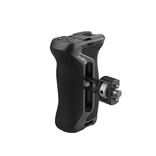 Side view of the SmallRig Locating Side Handle designed for ARRI camera cages featuring a 36mm adjustable height, ergonomic grip for left or right side use, with a built-in 1/4"-20 threaded hole, strap hole, and cold shoe attachment