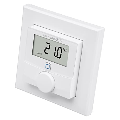 Homematic IP Wall Thermostat with humidity sensor, featuring a rectangular white plastic design, illuminated display, and control wheel for easy temperature regulation. Measures indoor temperature and humidity; compatible with various Homematic IP devices for programmable climate control.